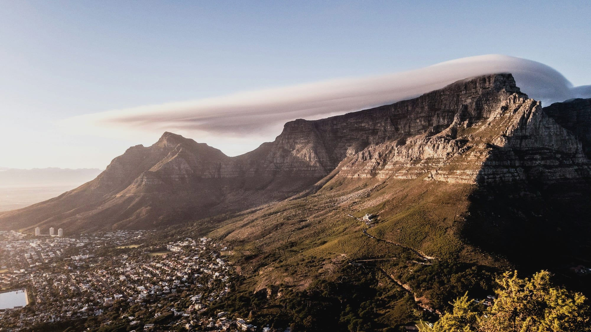 Table Mountain under its tablecloth of cloud above Cape Town.